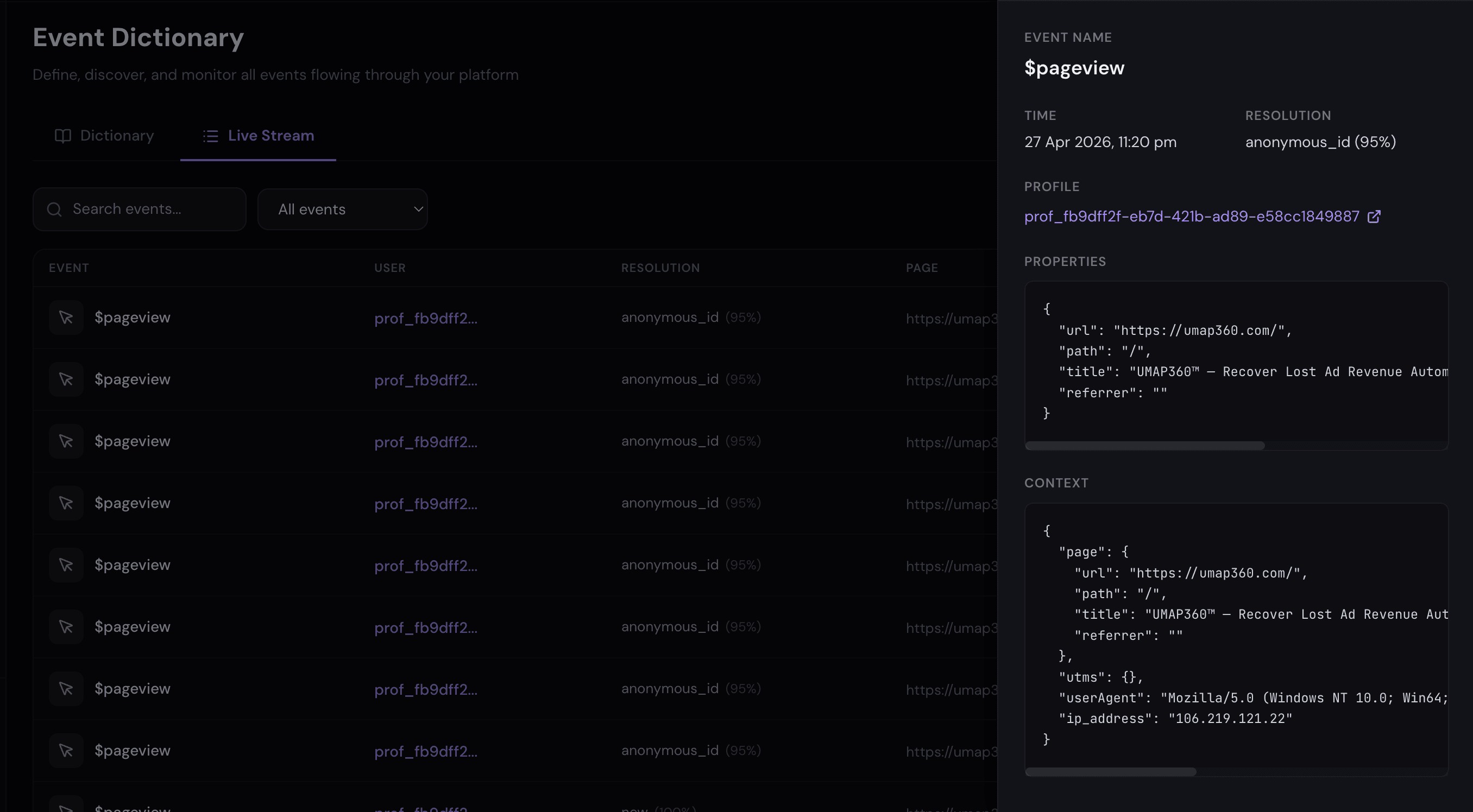 Track — Event ingestion: UMAP360 dashboard demo view